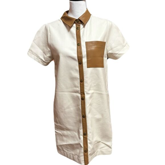 NWT Fate Cream and Brown Mini Shirt Dress | Size Small - Picture 1 of 9
